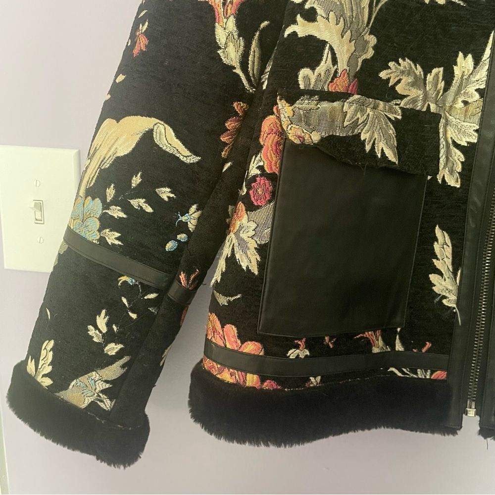 Bagatelle Black Floral Embroidered Jacket Faux Fur & Leather Trim - Picture 4 of 12